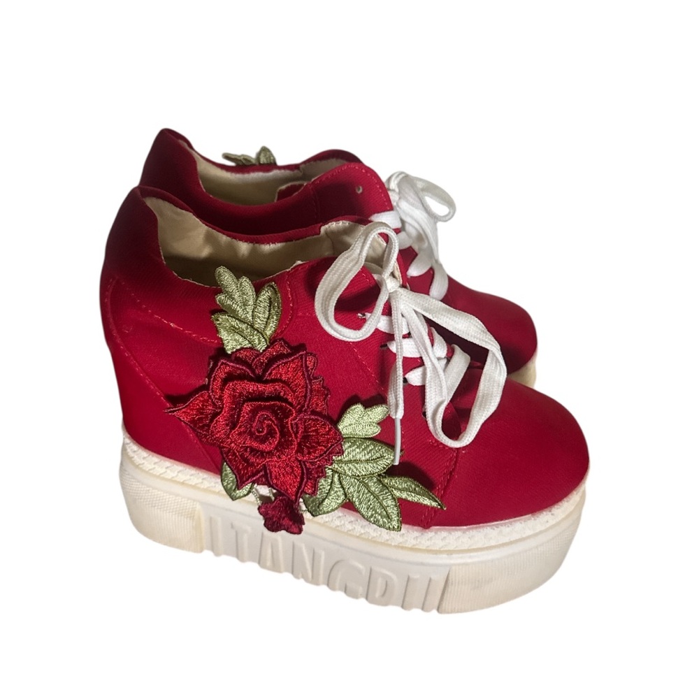 Red Platform Sneakers with Floral Embroidery